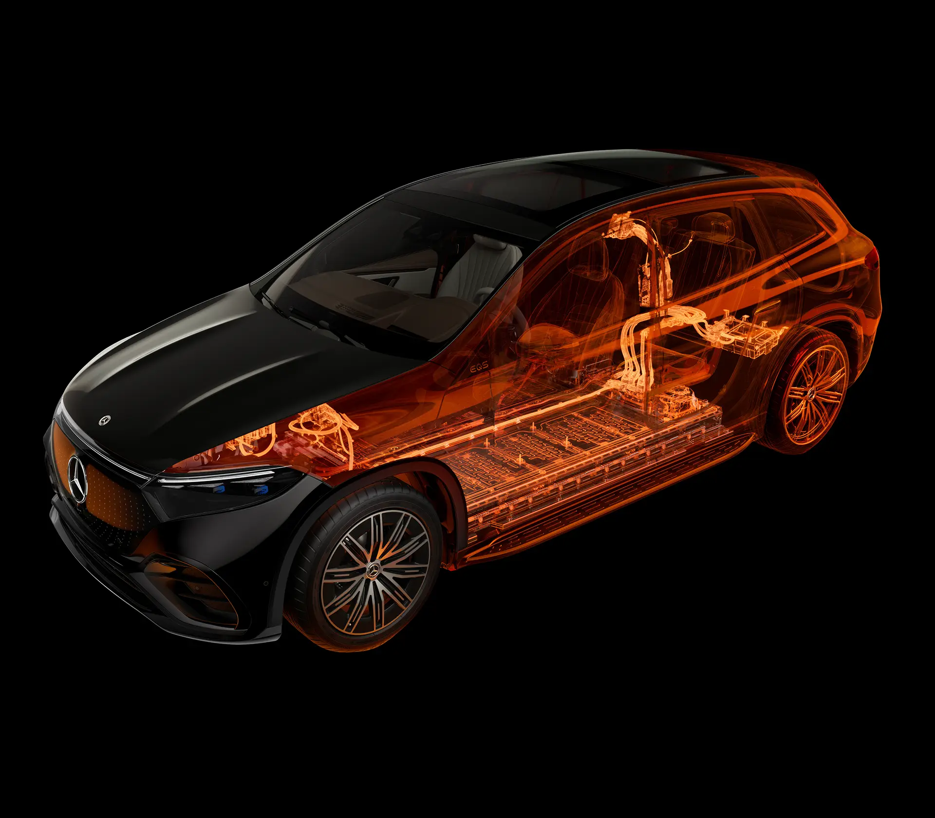 Mercedes-Benz EQE SUV Antriebsstrenge werden wie bei einem Röntgenbild dargestellt